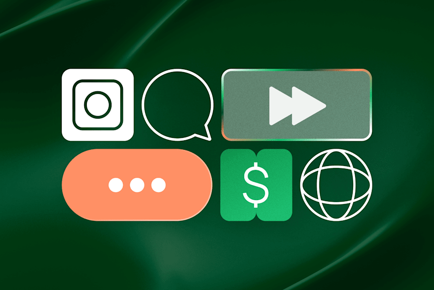 Icons on a green background: camera, chat bubble, fast-forward, dollar sign, and globe